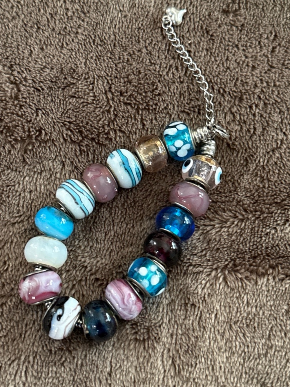 Glass Bead Charm Bracelet - Blue, Pink & White